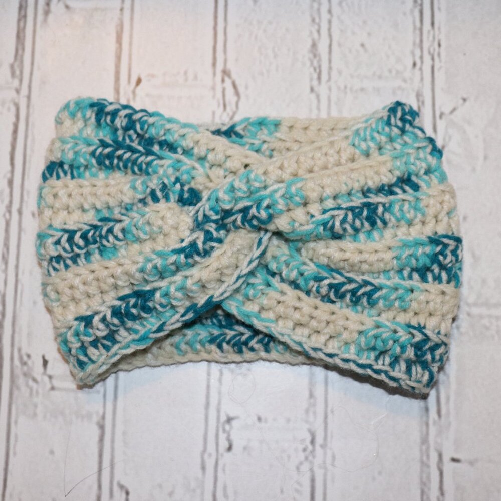 🤍💙 Cream + Blue Crochet Headband · Handmade · One Size